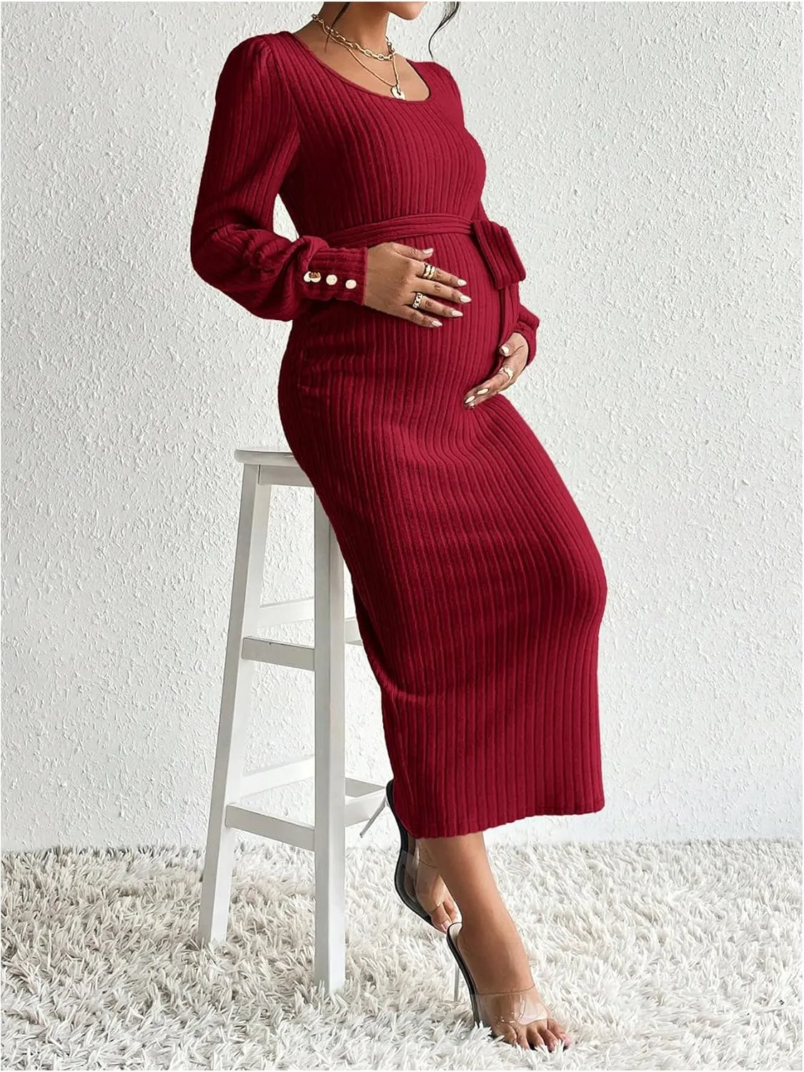 Women's Maternity Dress Scoop Neck Long Sleeve Belted Bodycon Midi Dress