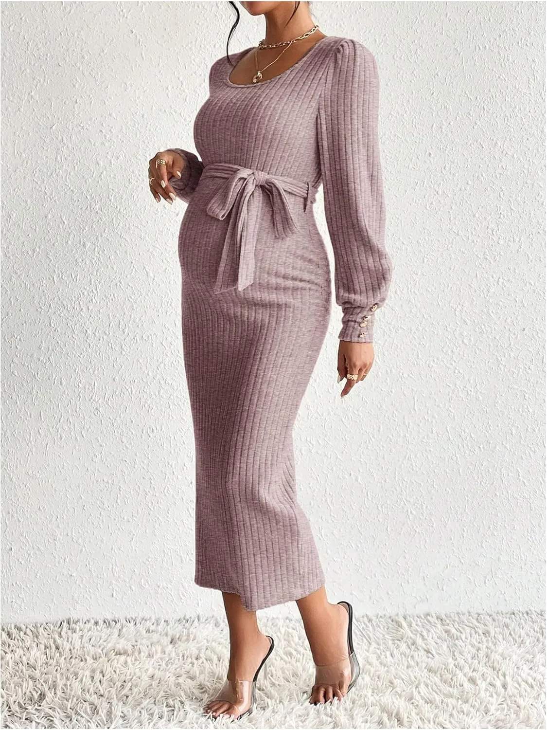 Women's Maternity Dress Scoop Neck Long Sleeve Belted Bodycon Midi Dress