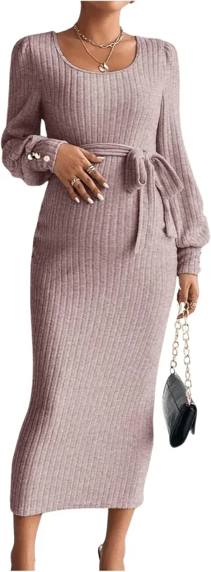 Women's Maternity Dress Scoop Neck Long Sleeve Belted Bodycon Midi Dress