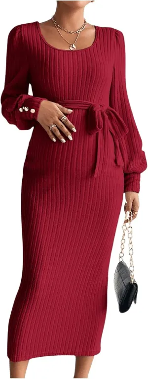 Women's Maternity Dress Scoop Neck Long Sleeve Belted Bodycon Midi Dress
