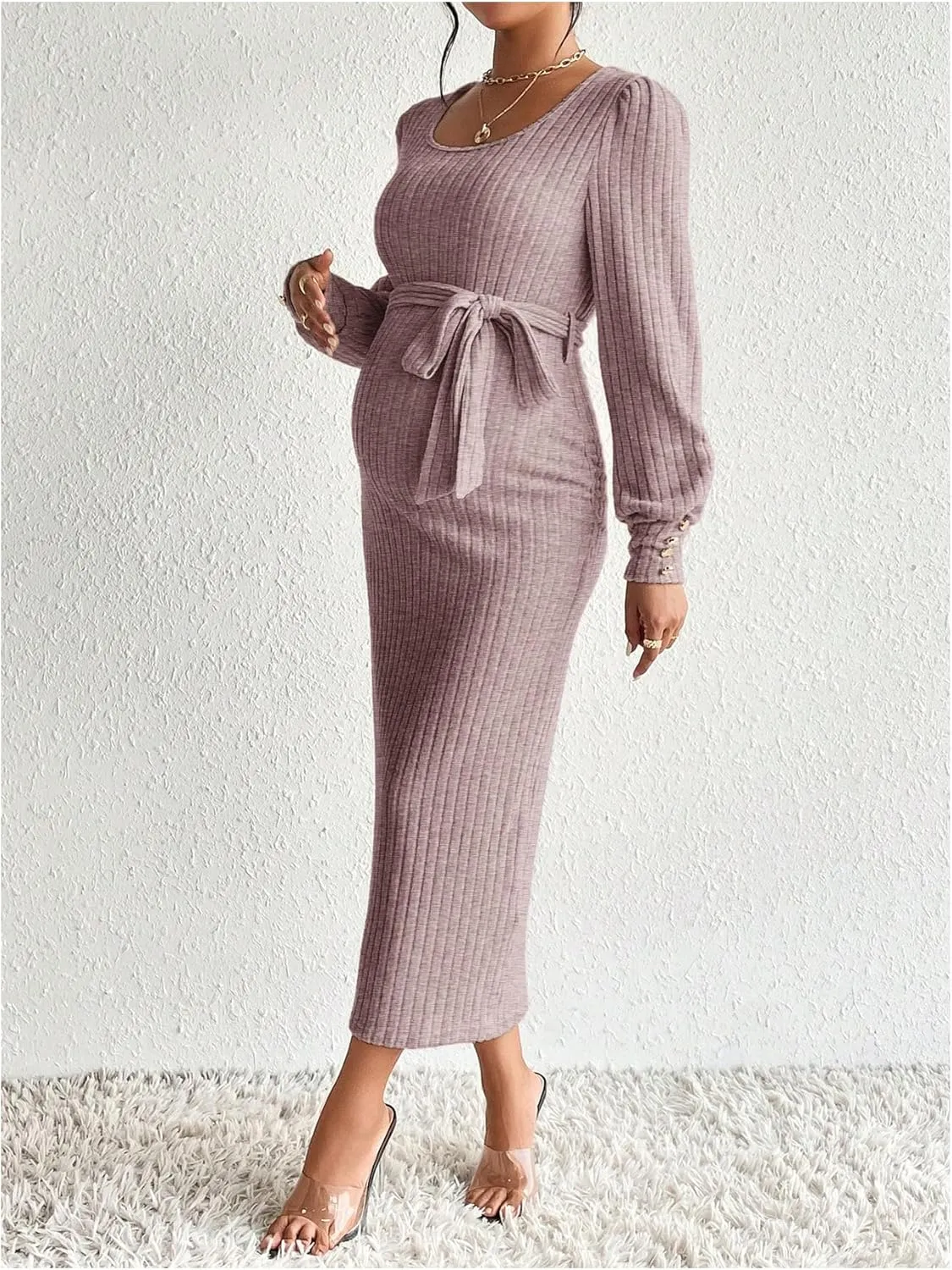 Women's Maternity Dress Scoop Neck Long Sleeve Belted Bodycon Midi Dress