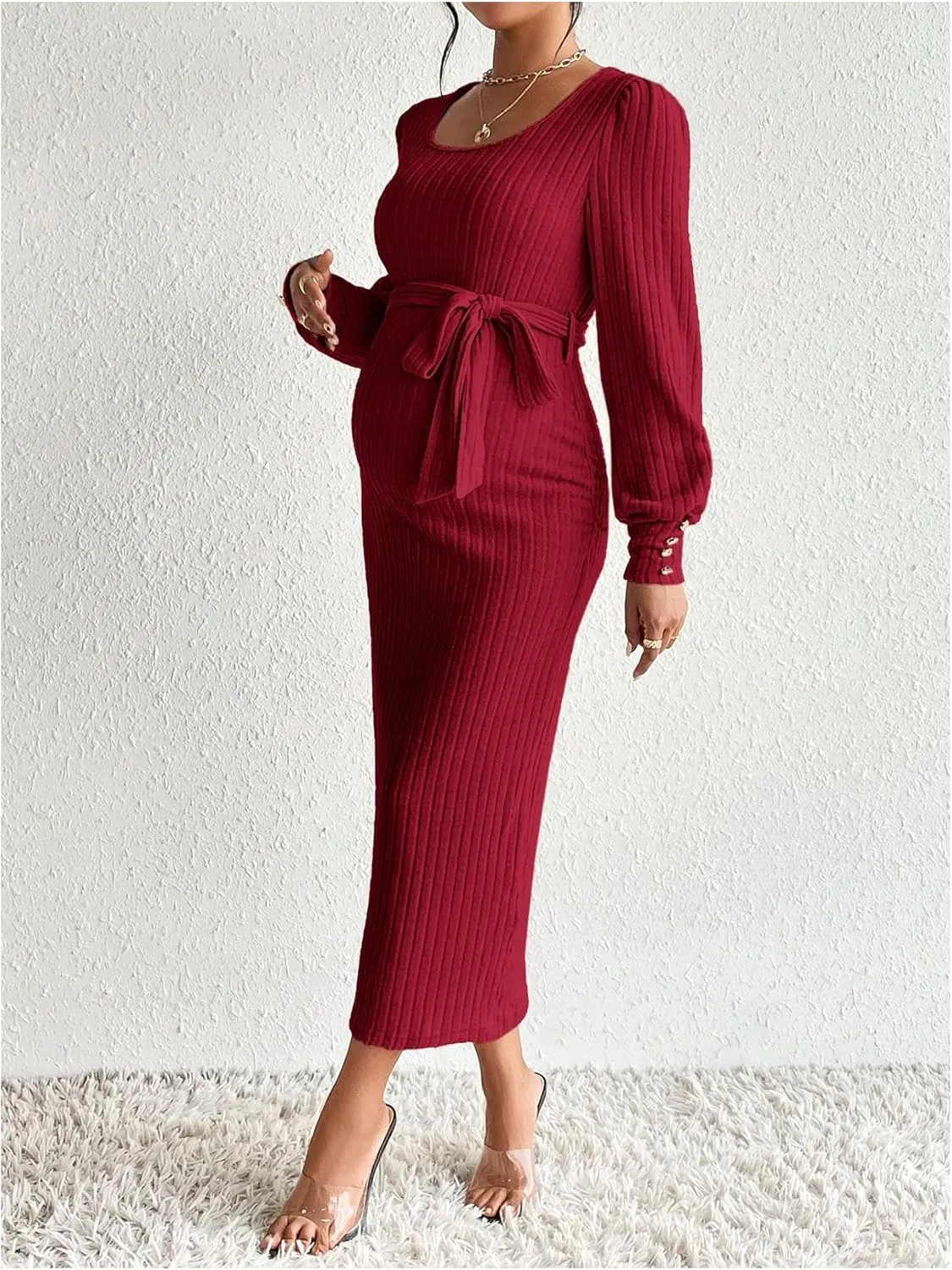 Women's Maternity Dress Scoop Neck Long Sleeve Belted Bodycon Midi Dress