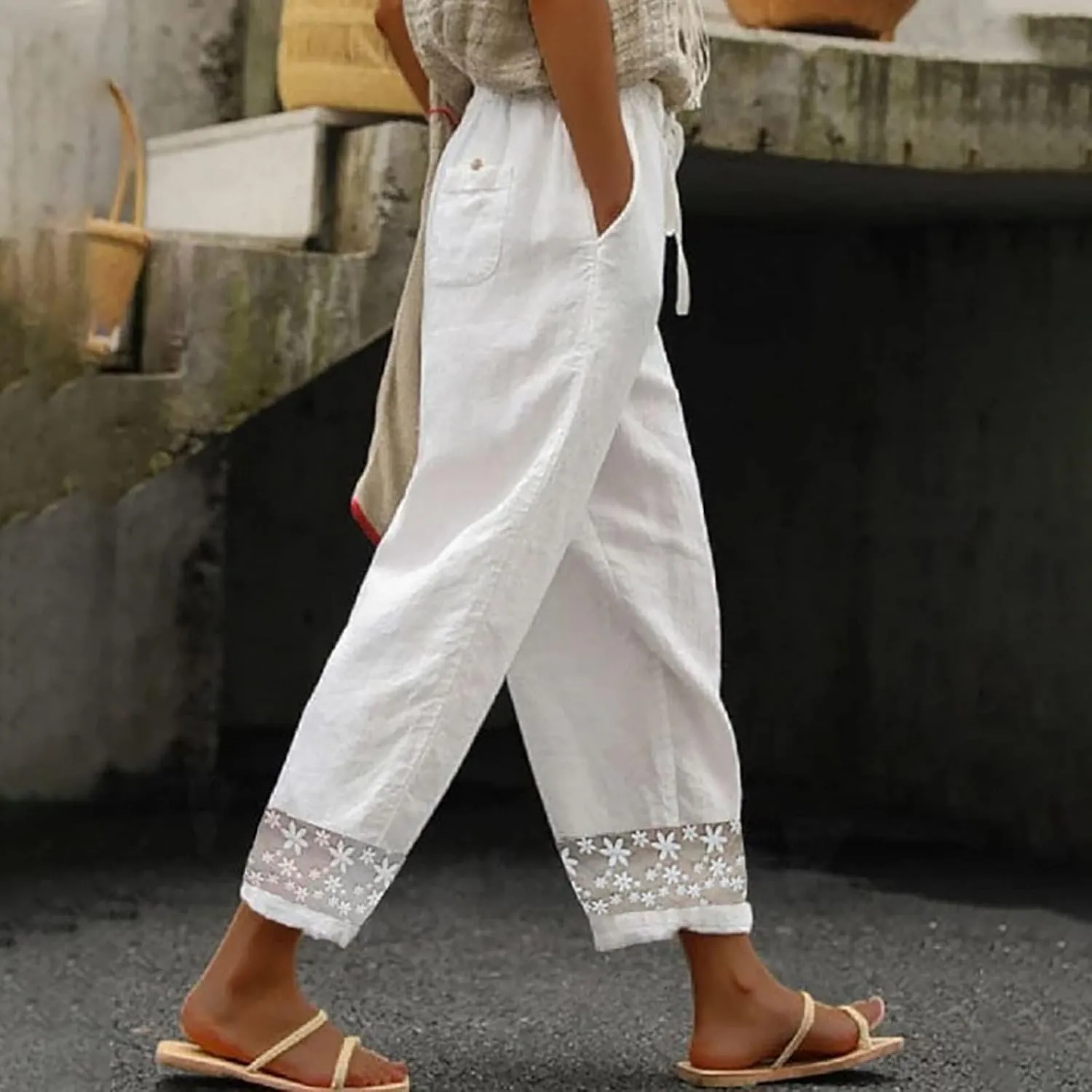 Women's Pants Solid Color Cotton Linen Elastic Seven Pants Beach Casual Linen Cotton Linen Pants Casual 2025
