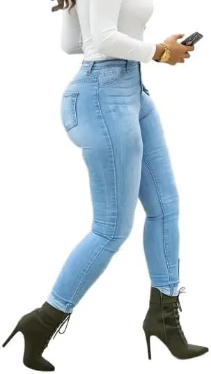Women's Plus Size Button Fly Skinny Jeans  Comfort Stretch in Light Blue
