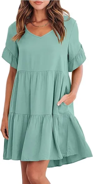 Womens Summer 2025 Trendy Short Sleeve V Neck Plain Mini Dress A Line Ruffle Hem Babydoll Flowy Swing Dress