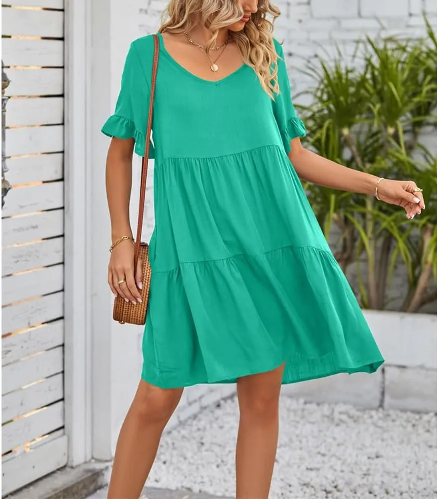 Womens Summer 2025 Trendy Short Sleeve V Neck Plain Mini Dress A Line Ruffle Hem Babydoll Flowy Swing Dress