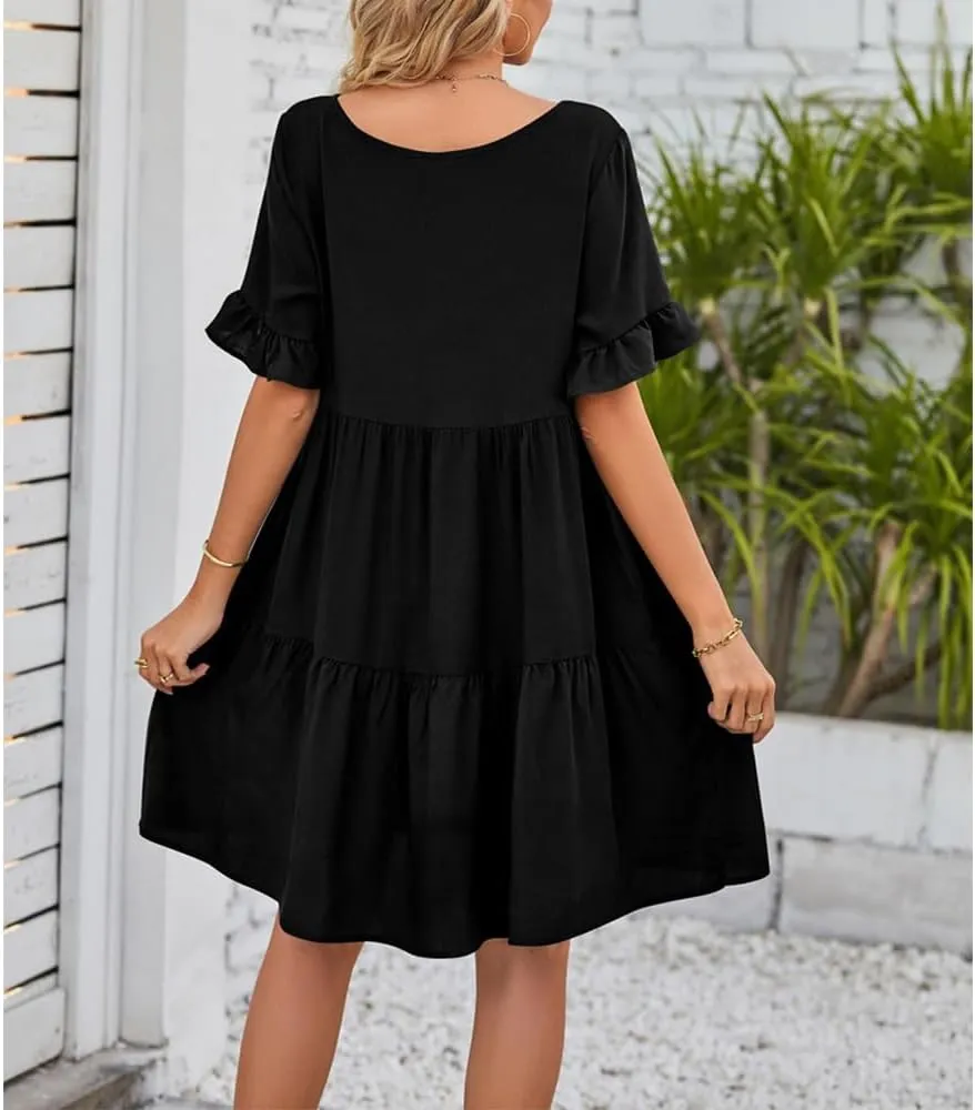 Womens Summer 2025 Trendy Short Sleeve V Neck Plain Mini Dress A Line Ruffle Hem Babydoll Flowy Swing Dress