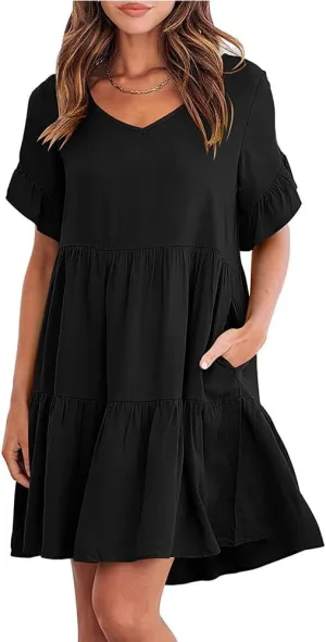 Womens Summer 2025 Trendy Short Sleeve V Neck Plain Mini Dress A Line Ruffle Hem Babydoll Flowy Swing Dress