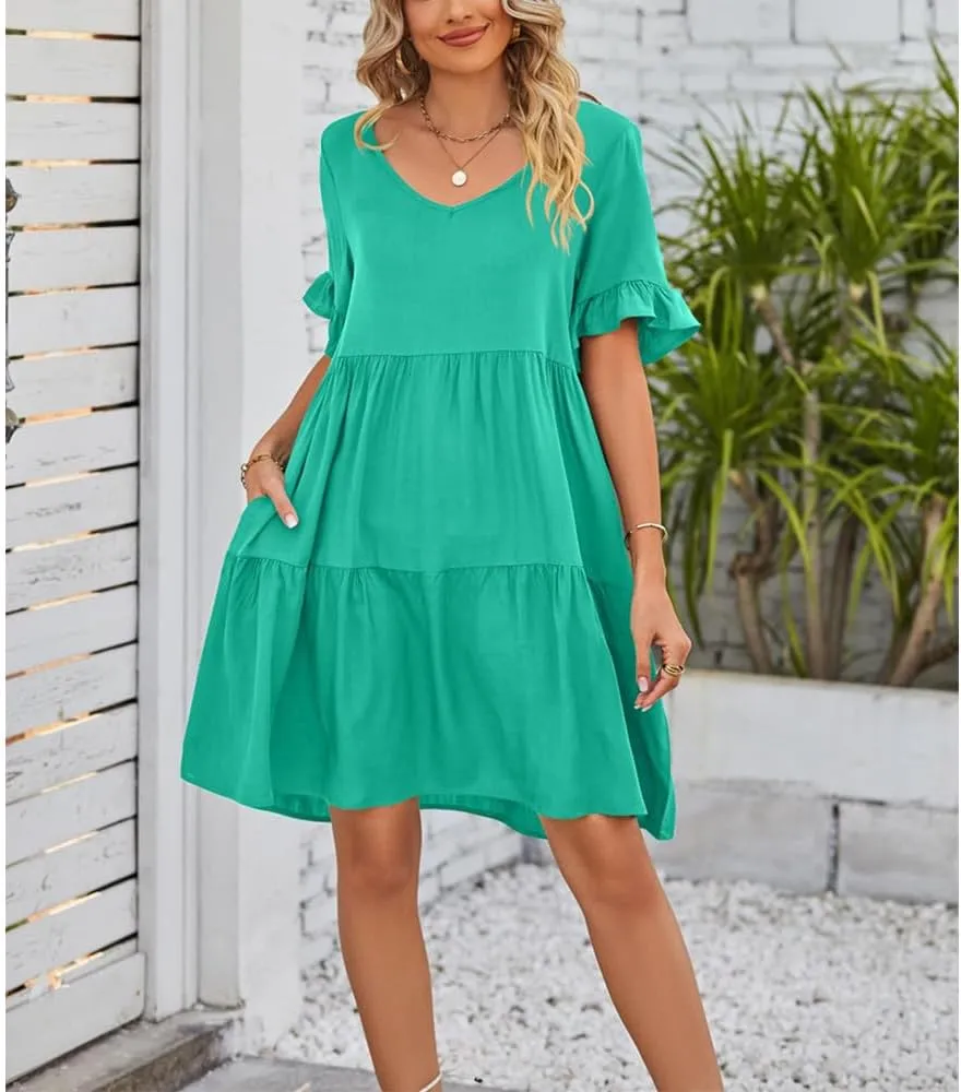 Womens Summer 2025 Trendy Short Sleeve V Neck Plain Mini Dress A Line Ruffle Hem Babydoll Flowy Swing Dress