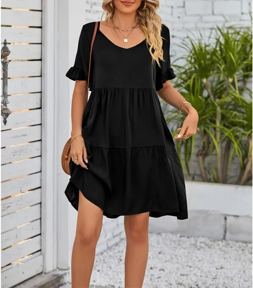 Womens Summer 2025 Trendy Short Sleeve V Neck Plain Mini Dress A Line Ruffle Hem Babydoll Flowy Swing Dress