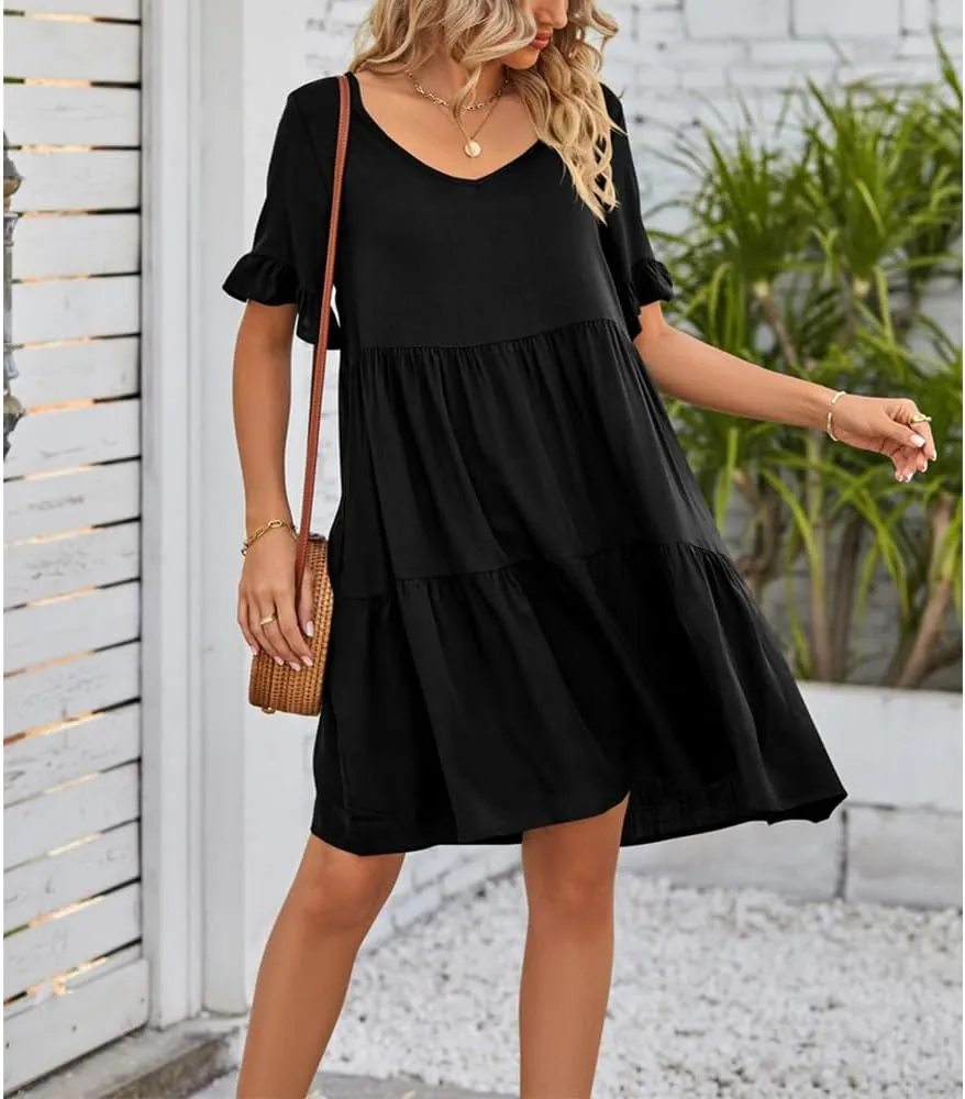 Womens Summer 2025 Trendy Short Sleeve V Neck Plain Mini Dress A Line Ruffle Hem Babydoll Flowy Swing Dress