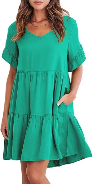 Womens Summer 2025 Trendy Short Sleeve V Neck Plain Mini Dress A Line Ruffle Hem Babydoll Flowy Swing Dress