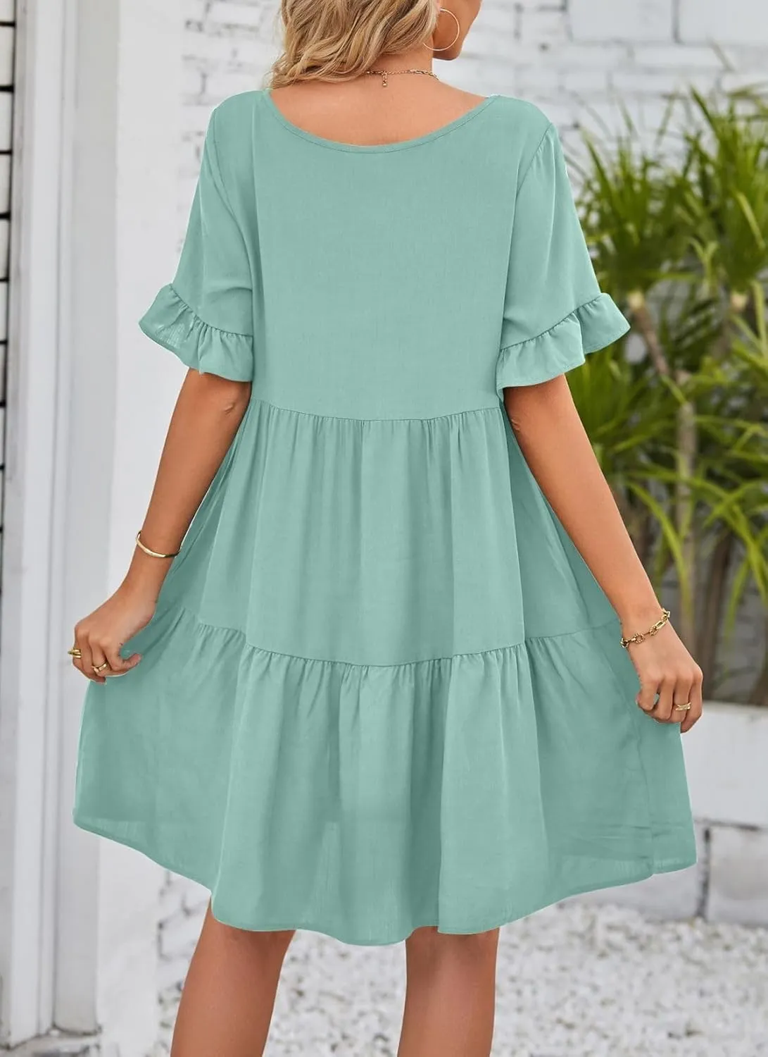 Womens Summer 2025 Trendy Short Sleeve V Neck Plain Mini Dress A Line Ruffle Hem Babydoll Flowy Swing Dress