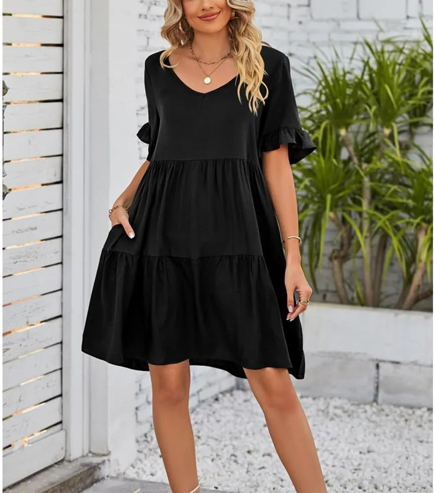 Womens Summer 2025 Trendy Short Sleeve V Neck Plain Mini Dress A Line Ruffle Hem Babydoll Flowy Swing Dress