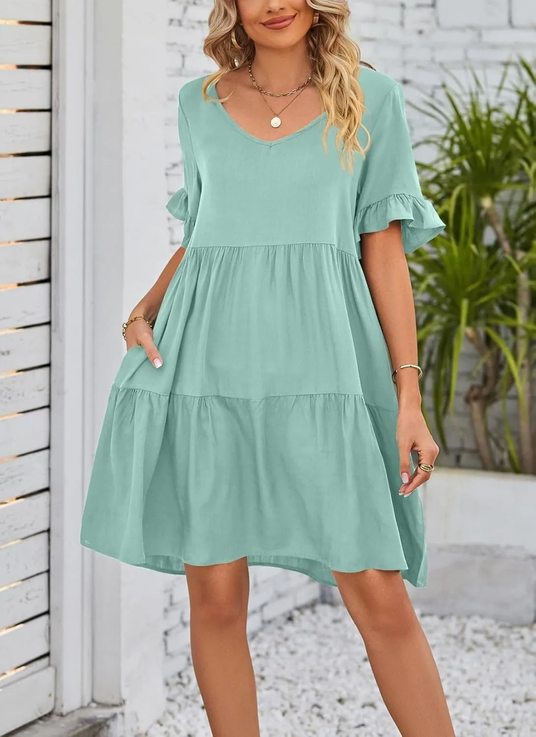 Womens Summer 2025 Trendy Short Sleeve V Neck Plain Mini Dress A Line Ruffle Hem Babydoll Flowy Swing Dress