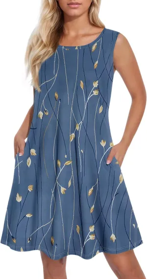 Women's Summer Tank Dresses with Pockets Sleeveless A-Line Casual Floral Mini Dress Flowy Beach Sundress