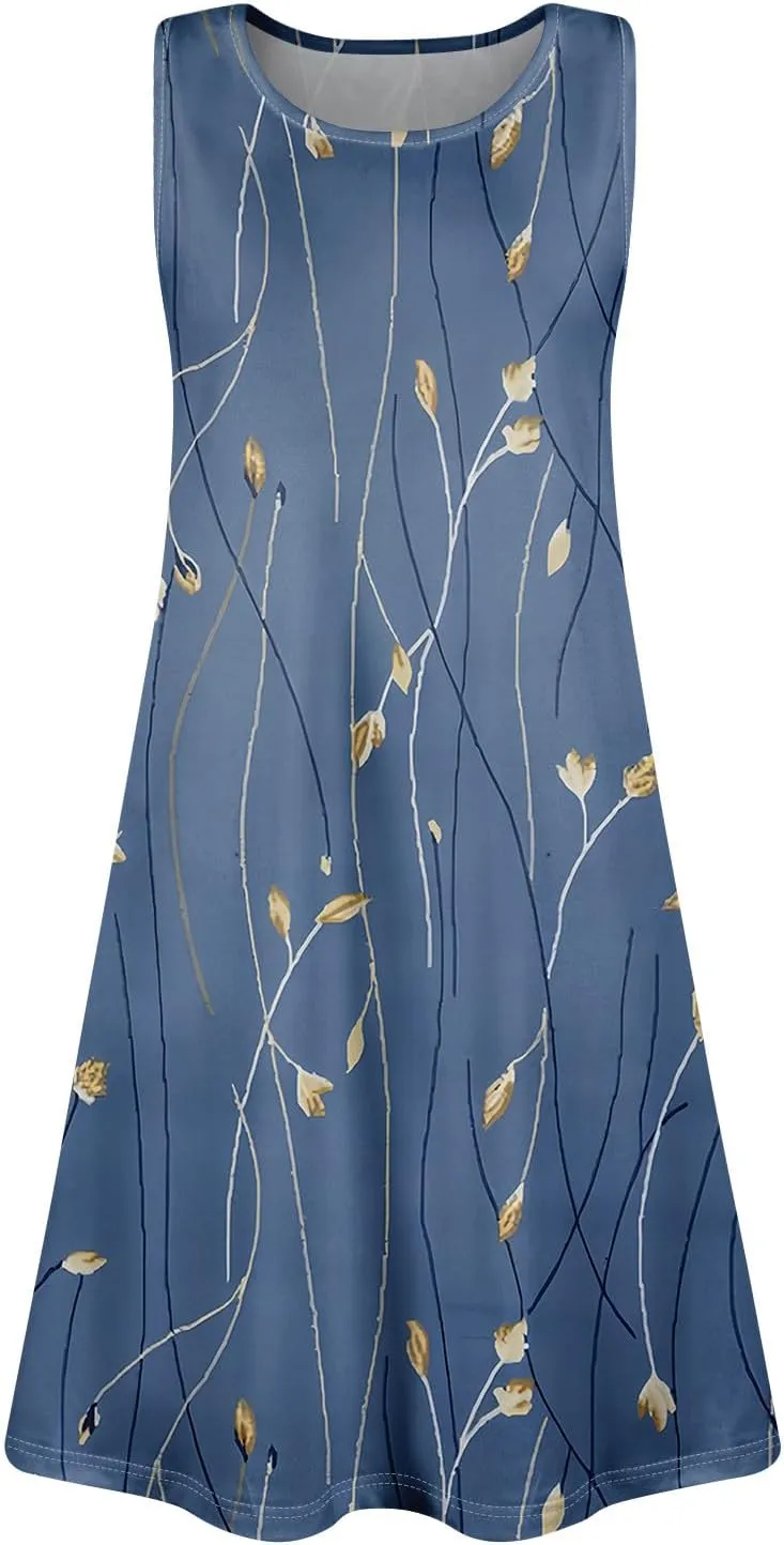 Women's Summer Tank Dresses with Pockets Sleeveless A-Line Casual Floral Mini Dress Flowy Beach Sundress