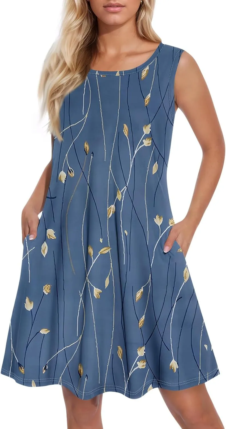 Women's Summer Tank Dresses with Pockets Sleeveless A-Line Casual Floral Mini Dress Flowy Beach Sundress