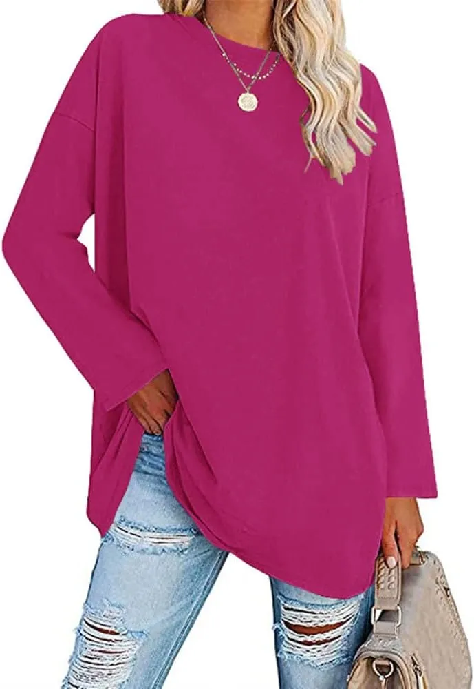 Womens Tunic Top Oversized Crew Neck T Shirts Loose Long Sleeve 2024 Comfy Cozy Cotton Lounge Blouses Rose Red