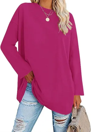Womens Tunic Top Oversized Crew Neck T Shirts Loose Long Sleeve 2024 Comfy Cozy Cotton Lounge Blouses Rose Red