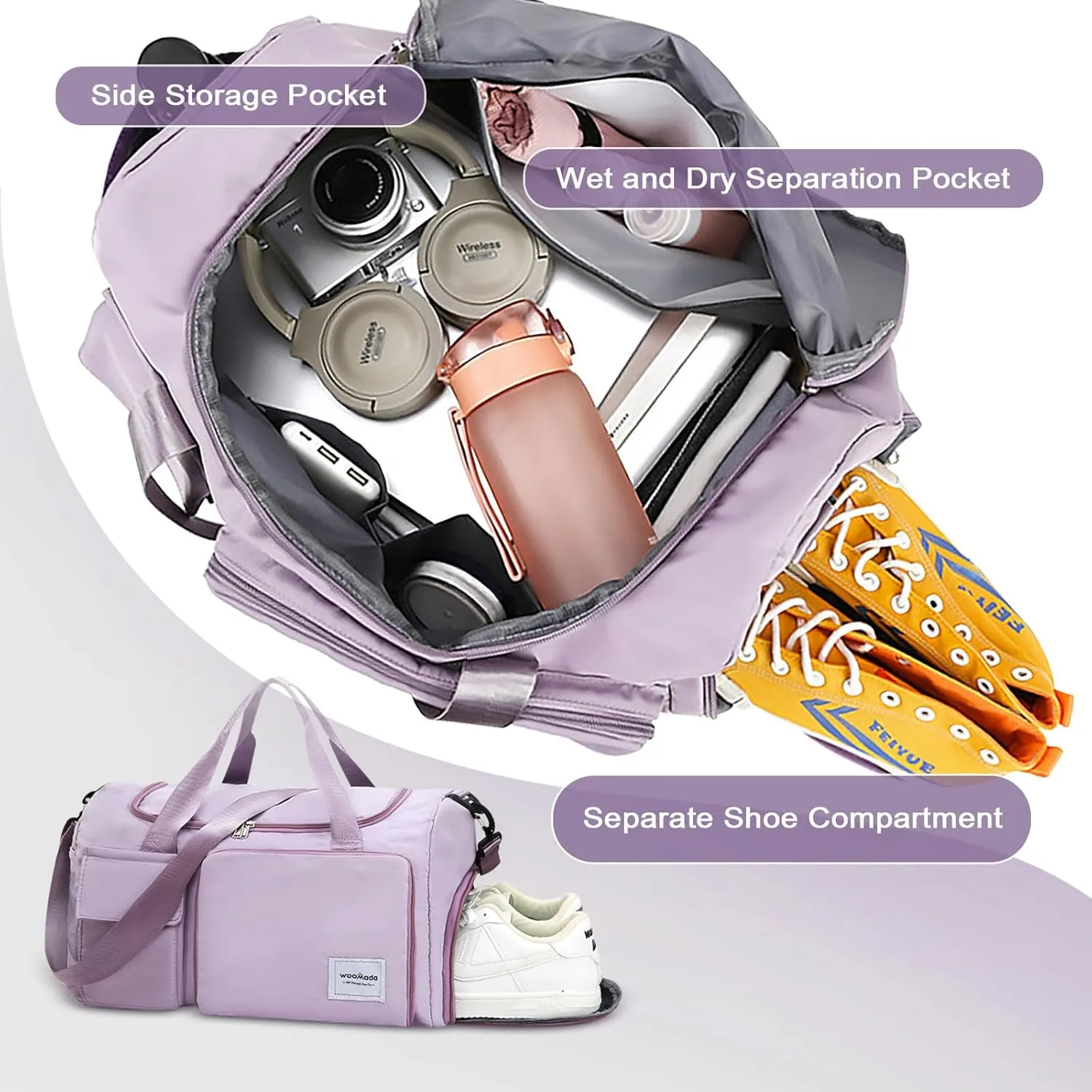 WOOMADA Foldable Travel Duffel Bag with Shoes Compartment, Overnight Bag with Wet Pocket & Trolley Sleeve, Weekender Bags for Women, B-black leopard, Travel Bag