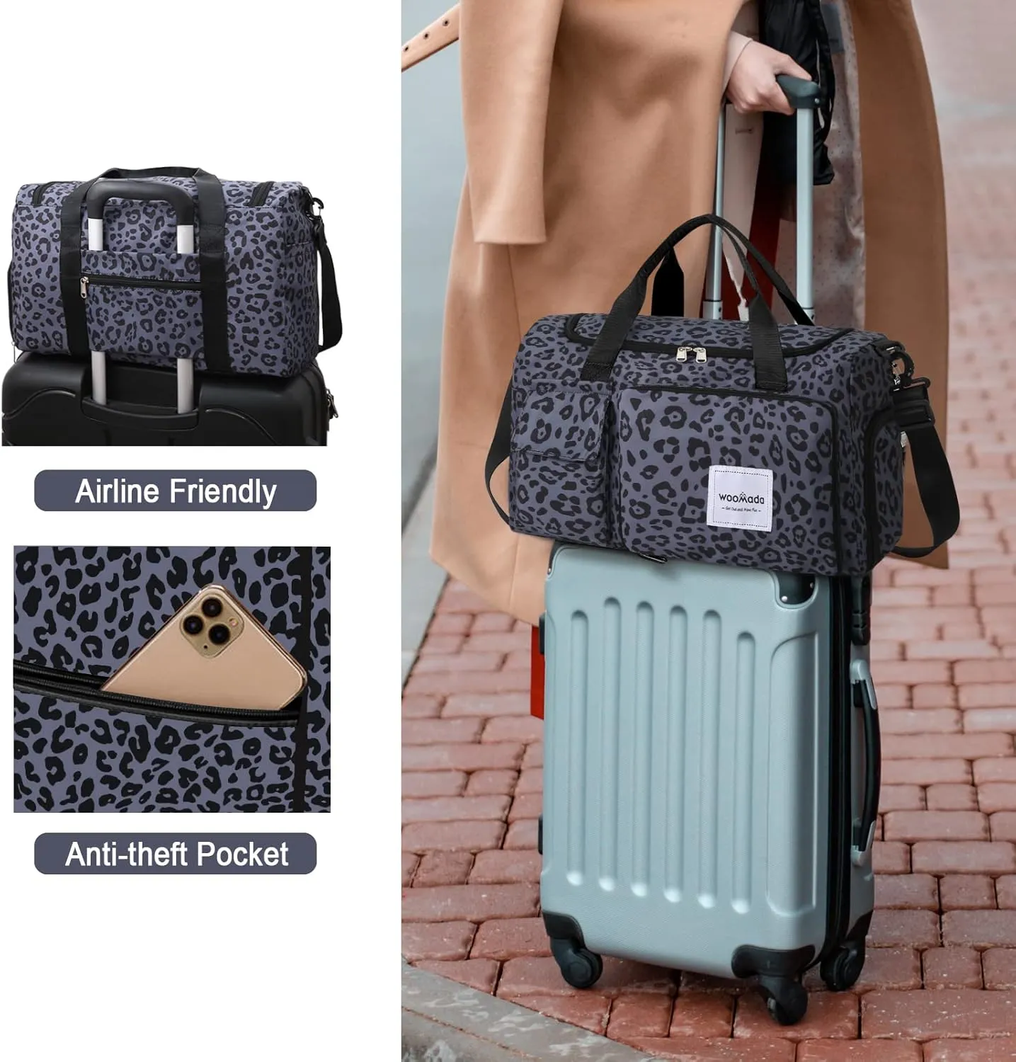 WOOMADA Foldable Travel Duffel Bag with Shoes Compartment, Overnight Bag with Wet Pocket & Trolley Sleeve, Weekender Bags for Women, B-black leopard, Travel Bag