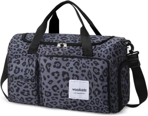 WOOMADA Foldable Travel Duffel Bag with Shoes Compartment, Overnight Bag with Wet Pocket & Trolley Sleeve, Weekender Bags for Women, B-black leopard, Travel Bag