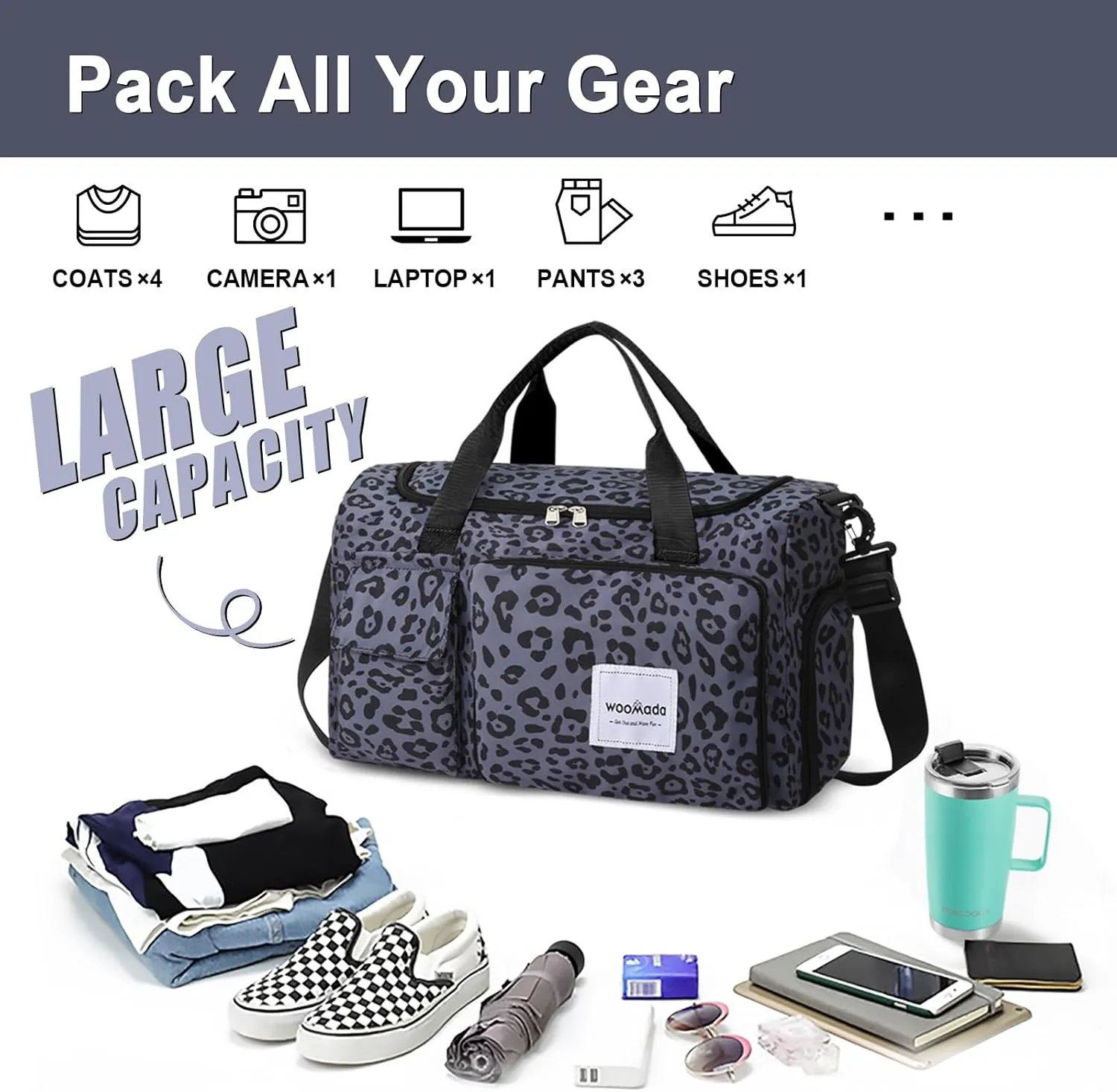 WOOMADA Foldable Travel Duffel Bag with Shoes Compartment, Overnight Bag with Wet Pocket & Trolley Sleeve, Weekender Bags for Women, B-black leopard, Travel Bag