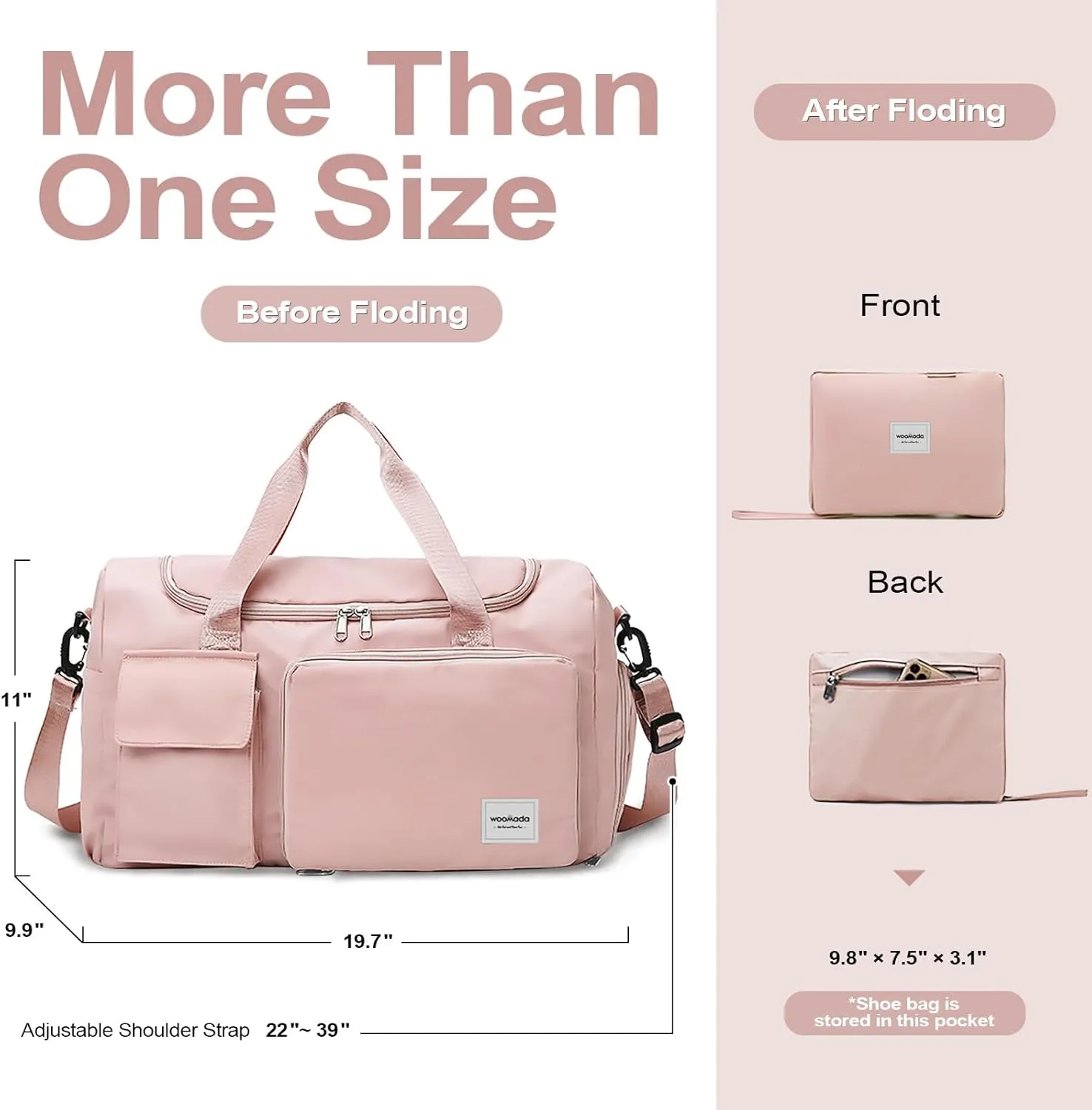 WOOMADA Foldable Travel Duffel Bag with Shoes Compartment, Overnight Bag with Wet Pocket & Trolley Sleeve, Weekender Bags for Women, B-pink, Travel Bag, Travel Bag