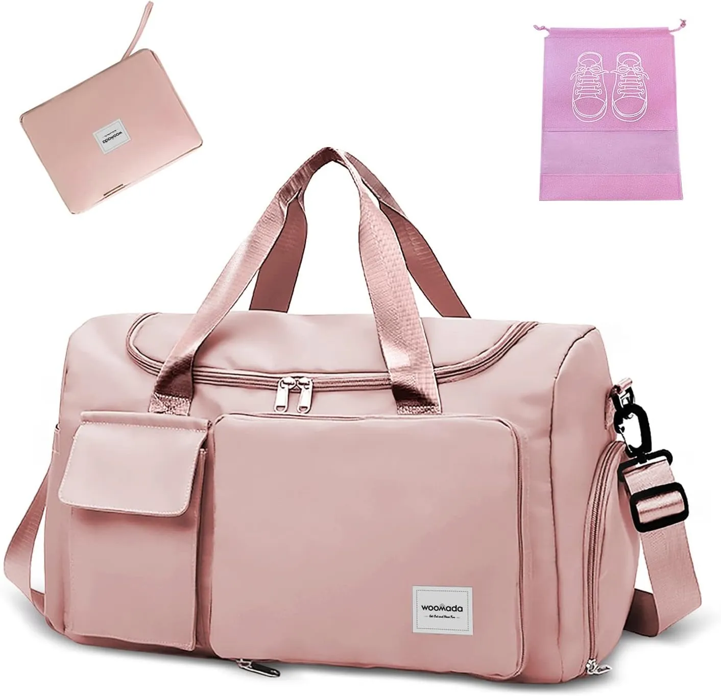 WOOMADA Foldable Travel Duffel Bag with Shoes Compartment, Overnight Bag with Wet Pocket & Trolley Sleeve, Weekender Bags for Women, B-pink, Travel Bag, Travel Bag