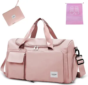 WOOMADA Foldable Travel Duffel Bag with Shoes Compartment, Overnight Bag with Wet Pocket & Trolley Sleeve, Weekender Bags for Women, B-pink, Travel Bag, Travel Bag