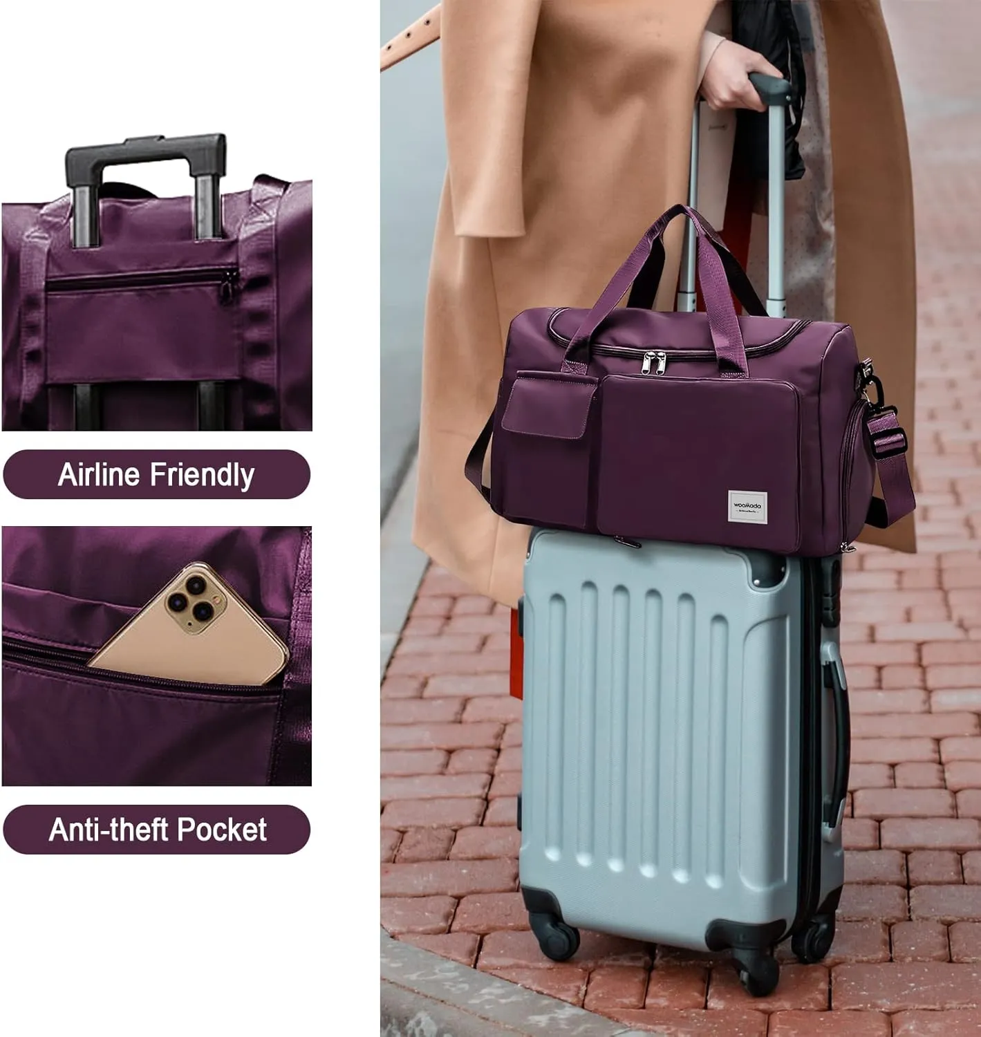 WOOMADA Foldable Travel Duffel Bag with Shoes Compartment, Overnight Bag with Wet Pocket & Trolley Sleeve, Weekender Bags for Women, purple, Travel Bag, Travel Bag