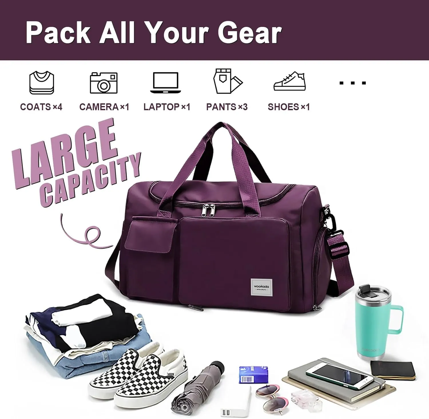 WOOMADA Foldable Travel Duffel Bag with Shoes Compartment, Overnight Bag with Wet Pocket & Trolley Sleeve, Weekender Bags for Women, purple, Travel Bag, Travel Bag