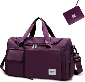 WOOMADA Foldable Travel Duffel Bag with Shoes Compartment, Overnight Bag with Wet Pocket & Trolley Sleeve, Weekender Bags for Women, purple, Travel Bag, Travel Bag