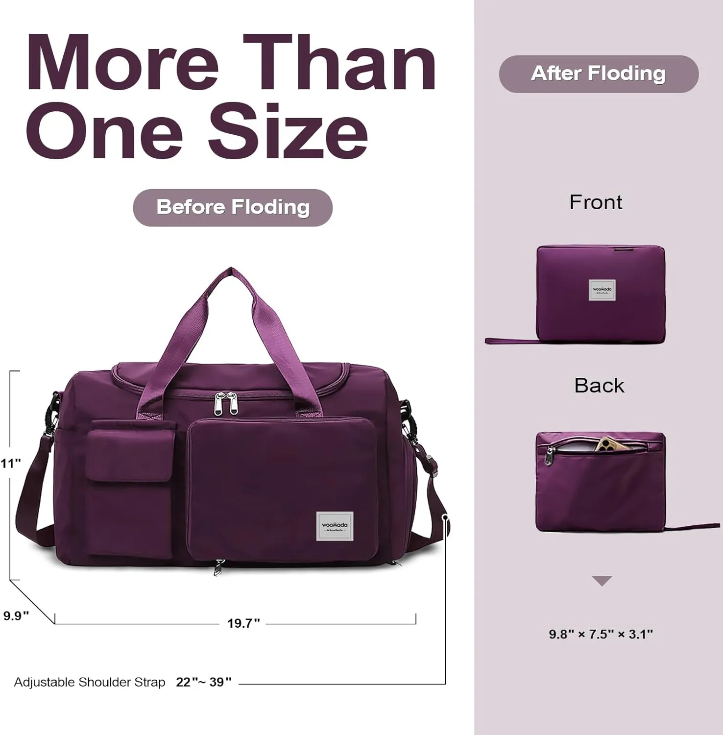WOOMADA Foldable Travel Duffel Bag with Shoes Compartment, Overnight Bag with Wet Pocket & Trolley Sleeve, Weekender Bags for Women, purple, Travel Bag, Travel Bag