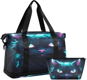 xigua Gym Bag Blue Cat Eye Travel Duffel Bag - Sports Gym Bag with Dry Wet Pocket Cosmetic bag & Shoes Compartment for Women and Men