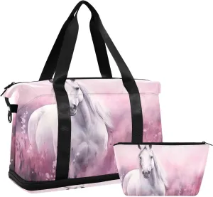 xigua Gym Bag White Horse Pink Travel Duffel Bag - Sports Gym Bag with Dry Wet Pocket Cosmetic bag & Shoes Compartment for Women and Men