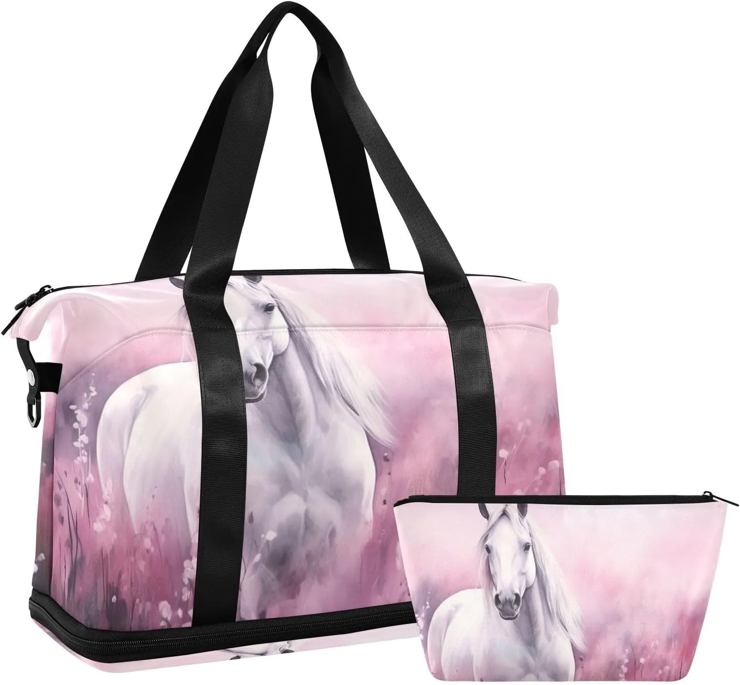 xigua Gym Bag White Horse Pink Travel Duffel Bag - Sports Gym Bag with Dry Wet Pocket Cosmetic bag & Shoes Compartment for Women and Men