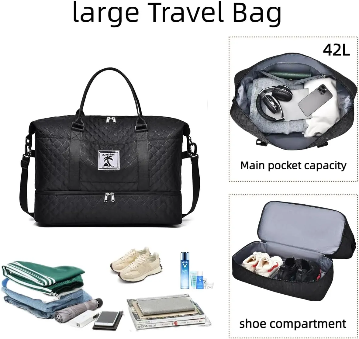 XINGOHQ Travel Duffle Bag with Shoe Compartment, Large Weekender Tote for Women,Carry on Overnight Bag,Gym Duffel Bag with Wet Pocket, Hospital Bags for Labor and Delivery, black, Large Travel Duffle