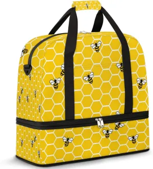 Yellow Bee Honeycomb Foldable Travel Duffel Bag Tote Carry on Luggage Sport Duffle for Women Men Gym Bag Overnight Weekender Bags with Shoe Compartments & Shoulder Strap